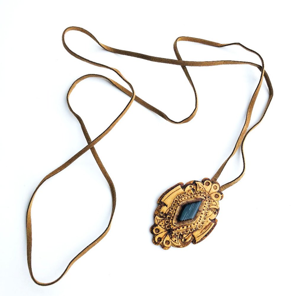 Birch Bark, Black Sardonyx, and Leather Necklace